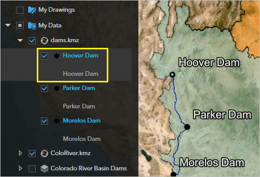 Hoover Dam and its node selected in the map