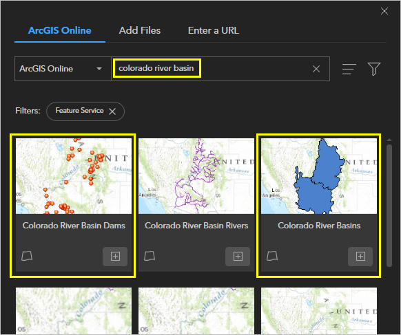 Search results showing the Colorado River Basin layers to add