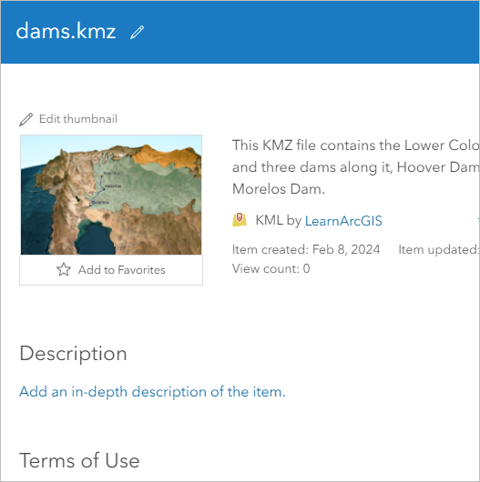 Item details page for the .kmz file