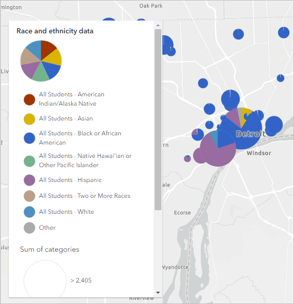 The Race and ethnicity data layer styled to the Charts and Size on the map