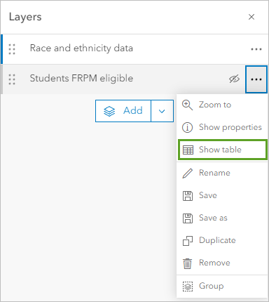 Options and Show table buttons