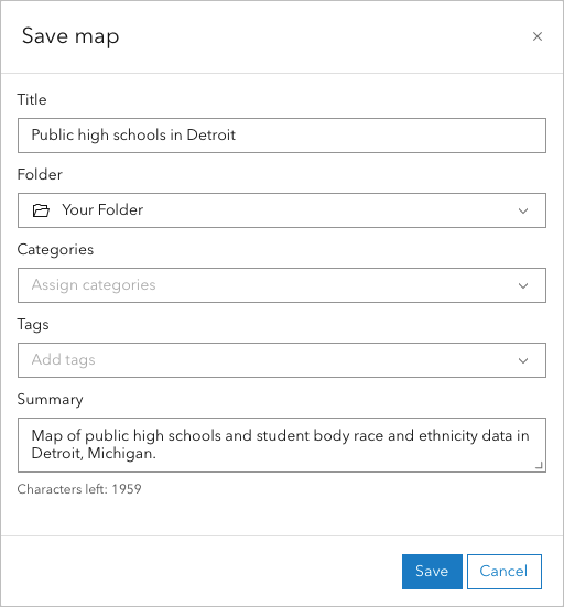 Parameters entered in the Save map window