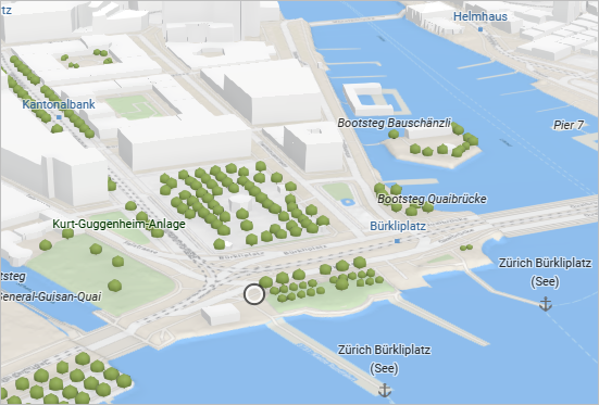 Tilted scene to see 3D buildings and trees