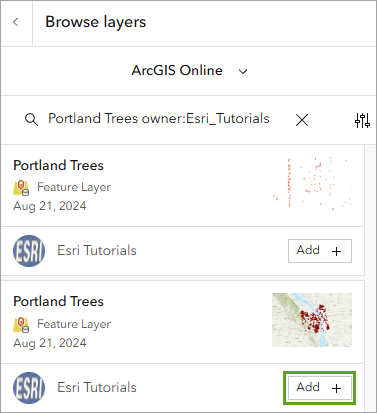 Add button on the Portland Trees card