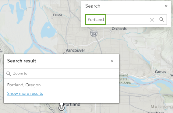 Scene zoomed to the Search result for Portland, Oregon