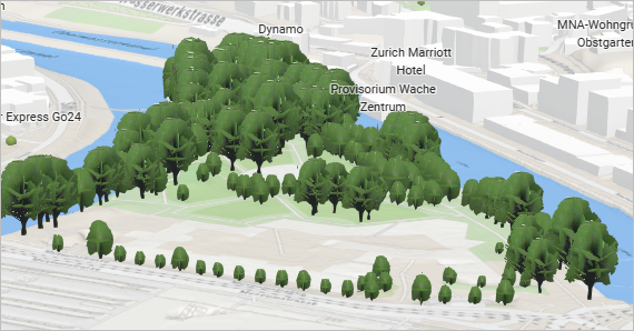 Zoomed to trees in the scene displayed by height