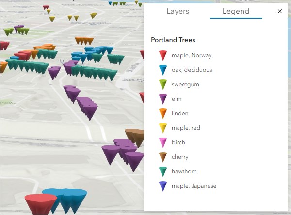 Scene and legend with 3D cones representing tree types