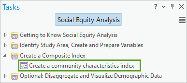 Create a community characteristics index task under Create a Composite Index folder in the Social Equity Analysis Tasks pane