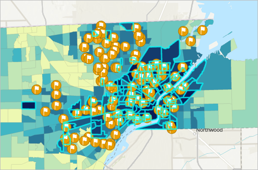 The block groups in the top 3 quantile classes of the index score are selected on the map.