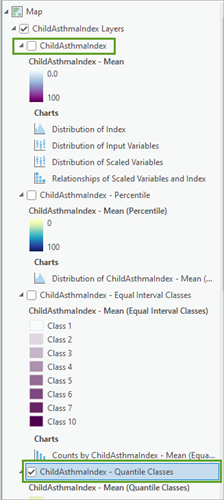 The ChildAsthmaIndex layer unchecked and the ChildAsthmaIndex - Quantile Classes layer checked in the Contents pane