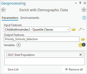 Parameters entered in the Enrich with Demographic Data tool pane