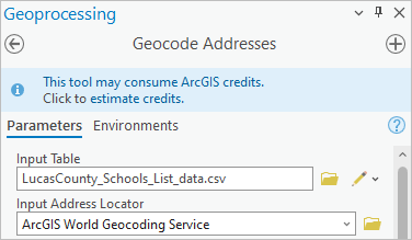 Parameters entered in the Geocode Addresses tool pane