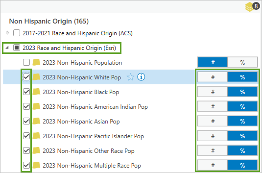Race variables checked and selected for percent under 2023 Race and Hispanic Origin (Esri)