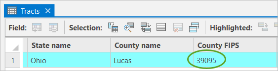 Value for County FIPS of the selected tract in the attribute table