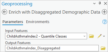 The Input Features and Output Features parameters entered on the Enrich with Disaggregated Demographic Data tool pane