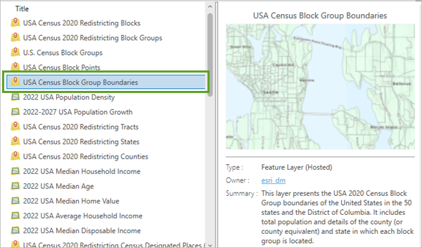 USA Census Block Groups layer by esri_dm in the Add Data window