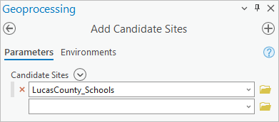 Parameter entered in the Add Candidate Sites tool pane