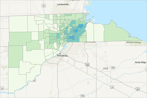 Tracts layer filtered to only show Lucas County, Ohio