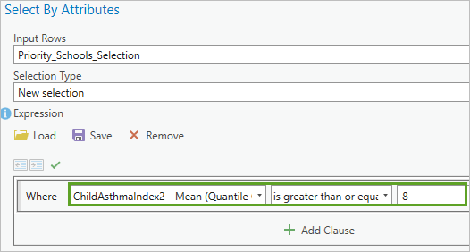 Expression where the ChildAsthmaIndex2 - Mean (Quantile Classes) is greater than or equal to 8 in the Select By Attributes window