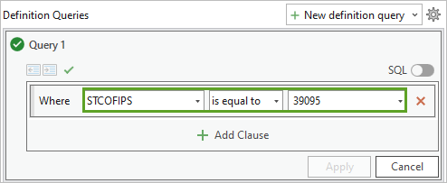 Query 1 set to STCOFIPS is equal to 39095