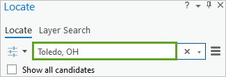 Toledo, OH on search bar in the Locate pane