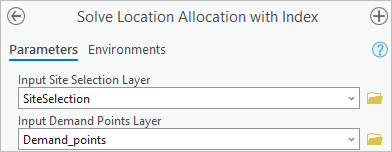 The Input Site Selection Layer and Input Demand Points Layer parameters set in the Solve Location Allocation with Index tool pane