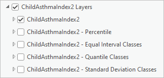 Layers in the ChildAsthmaIndex2 Layers group layer collapse in the Contents pane