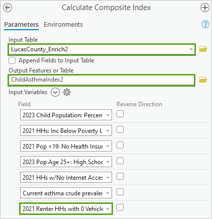 Parameters adjusted in the Calculate Composite Index pane