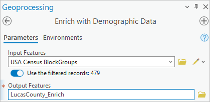 Parameters entered in the Enrich with Demographic Data pane
