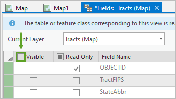 Visible unchecked in the Fields view for the Tracts layer