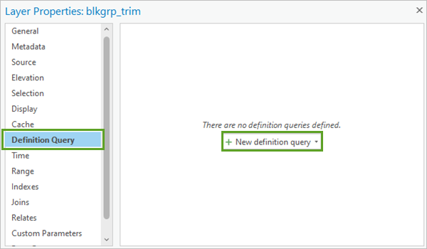 New definition query on the Definition Query tab in the Layer Properties window