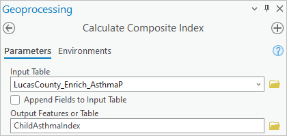 Input Table and Output Features or Table parameters entered in the Calculate Composite Index tool pane