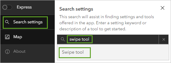 Search settings with Swipe tool selected in suggestions list