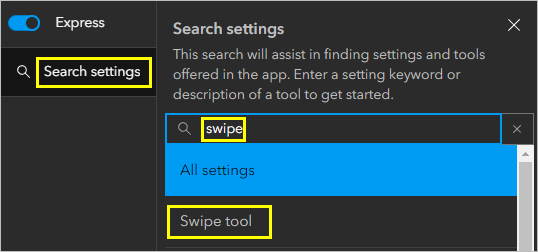 Search settings with Swipe tool selected in suggestions list