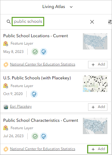 Search Living Atlas for public schools and the Add button for the Public School Characteristics - Current layer