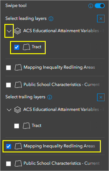 Swipe tool settings for leading and trailing layers