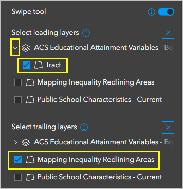 Swipe tool settings for leading and trailing layers