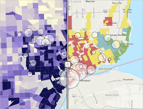 Map with the swipe tool for comparing two layers