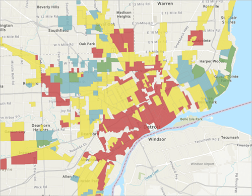 The Mapping Inequality Redlining Areas layer styled