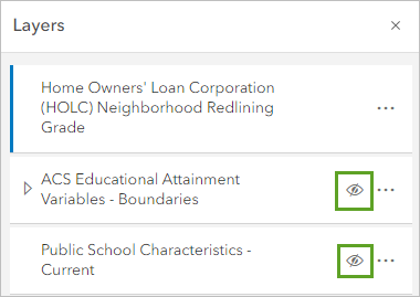 Visibility button turned off for the ACS Educational Attainment Variables - Boundaries group layer and the Public School Characteristics - Current layer