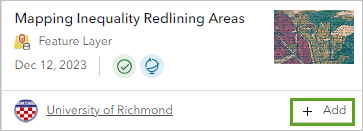 The Add button for the Mapping Inequality Redlining Areas layer
