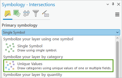 Unique Values option for the Primary symbology parameter