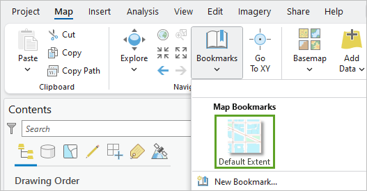 Default Extent bookmark in the Bookmarks menu