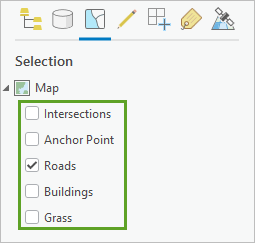 Layers listed by selection, with only Roads checked