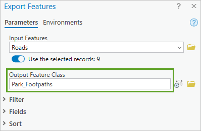 Output Feature Class parameter for the Export Features tool