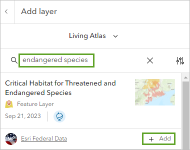 Search endangered species and add the Critical Habitat for Threatened and Endangered Species layer.
