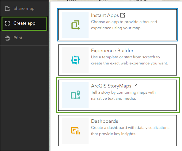 ArcGIS StoryMaps on the Create app menu