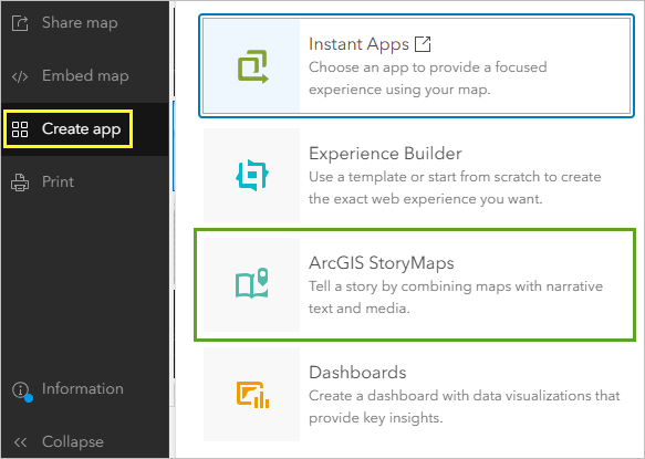 ArcGIS StoryMaps on the Create app menu
