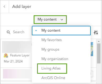 Living Atlas in the options of data sources to search