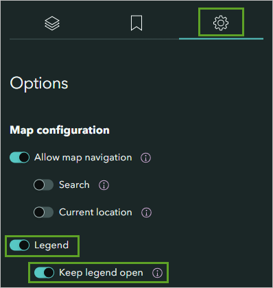 Legend and Keep legend open enabled on the Options tab in the Adjust map appearance window.